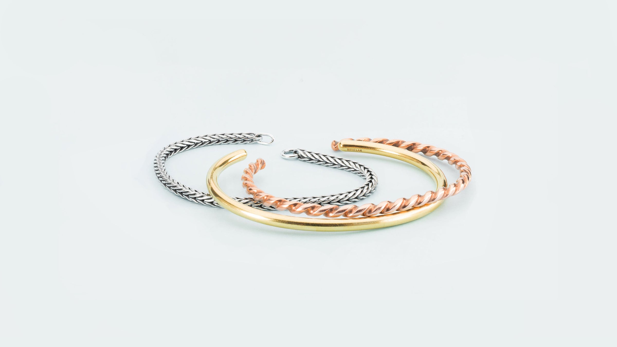 Trollbeads bangles in gold and copper and silver foxtail bracelet