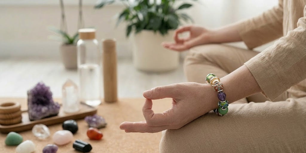 Person meditating with a colorful bracelet on wrist, surrounded by crystals and plants.