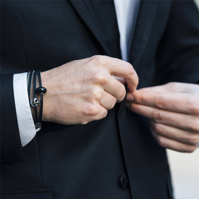 Leather Bracelet Black/Grey with Black Onyx and Sterling Silver Bead