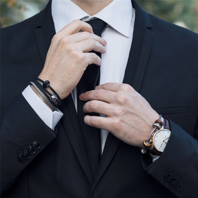 Leather Bracelet Black/Grey with Black Onyx and Sterling Silver Bead
