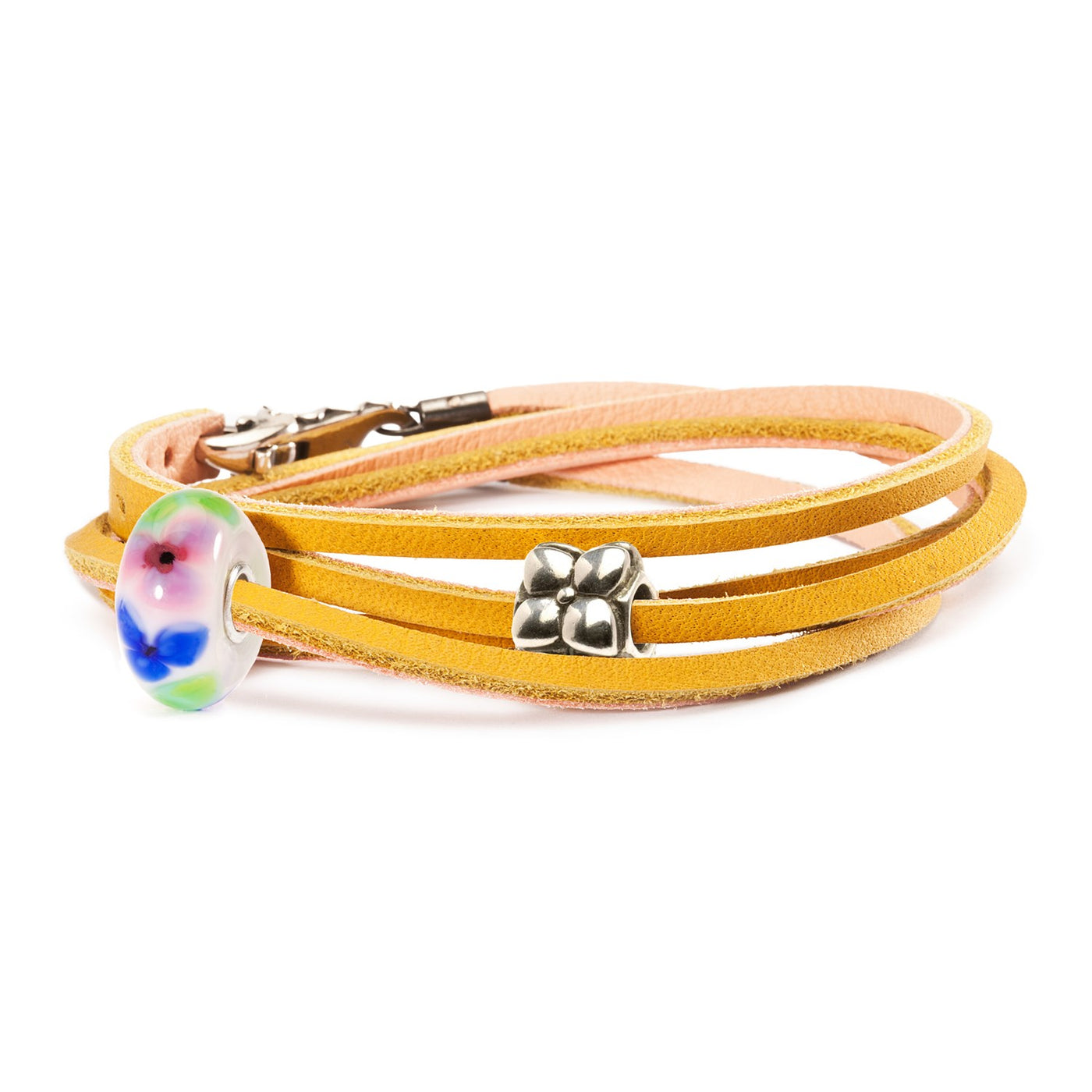 Flowers Yellow and Pink Double Leather Bracelet