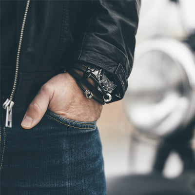 Leather Bracelet Black with Black Onyx and Sterling Silver Beads