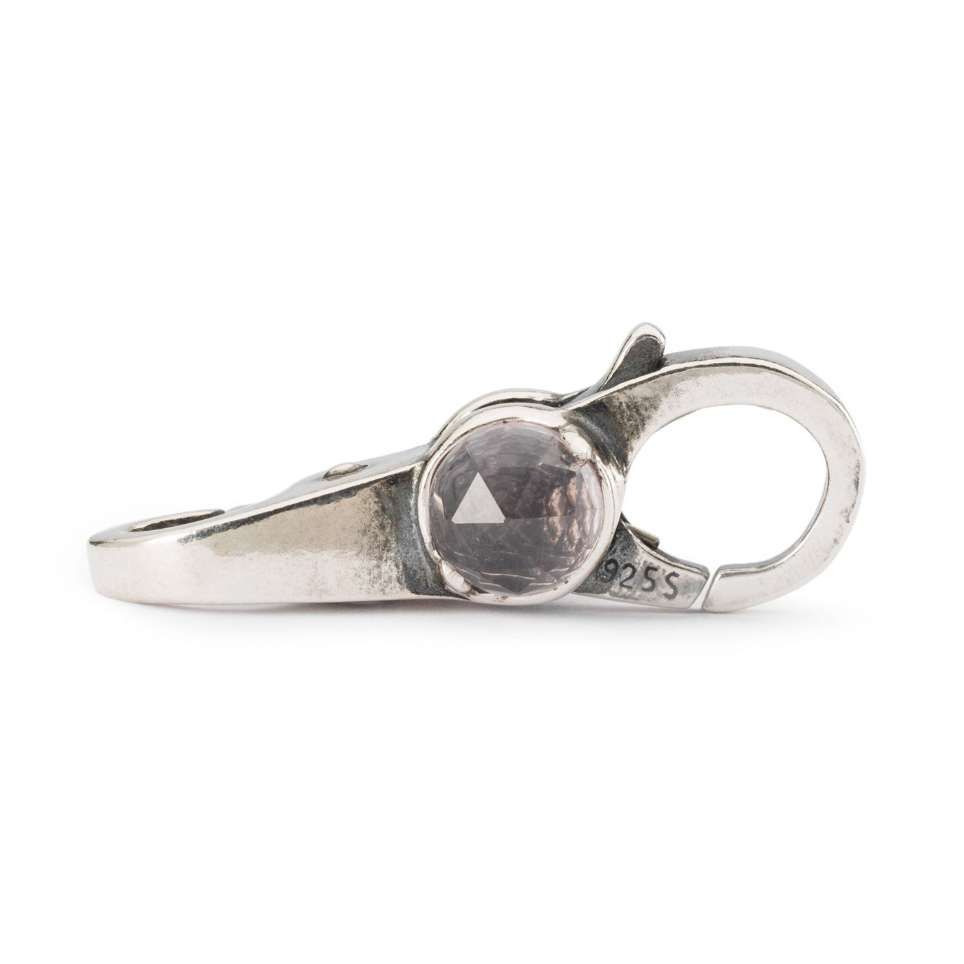 A silver clasp with a beautiful faceted Strawberry Quartz on one side and a Rose Quartz on the other.