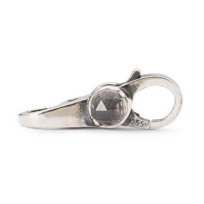 A silver clasp with a beautiful faceted Strawberry Quartz on one side and a Rose Quartz on the other.
