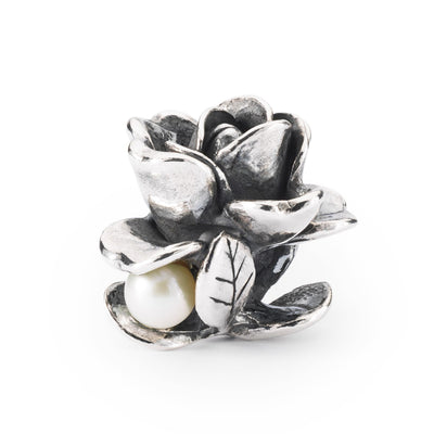Rose of June Bead, featuring a beautifully detailed design of a rose in full bloom, made of silver with a small pearl. Perfect for adding a touch of nature to your jewelry.