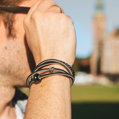 Leather Bracelet Black/Grey with Sterling Silver Plain Lock
