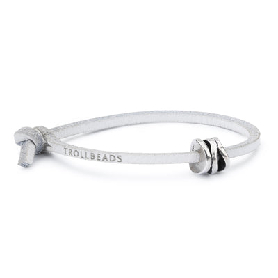 White Single Leather Bracelet with Sterling Silver Smiling Cylinder Bead