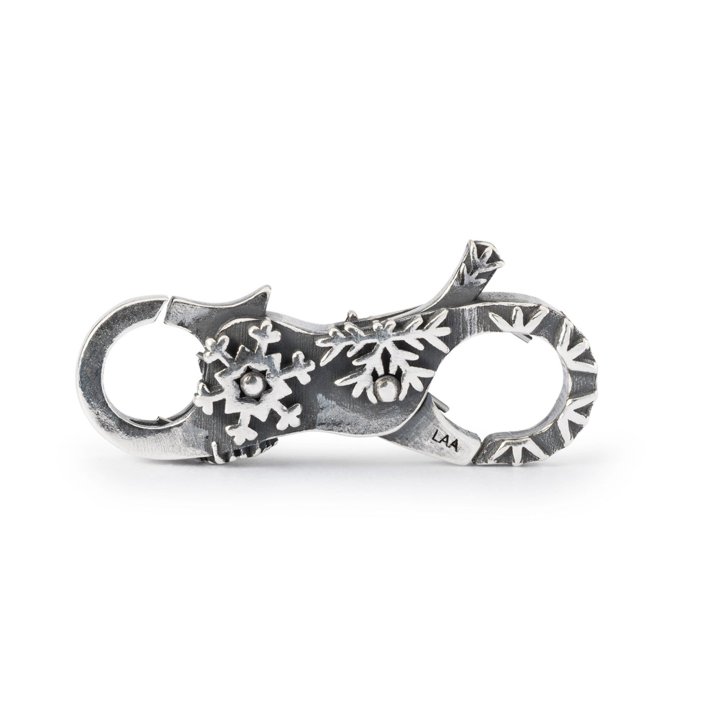 Silver 'Stay Together' clasp with a small snowflake designs all over, making it seem that the snowflakes are encrusted on the clasp.